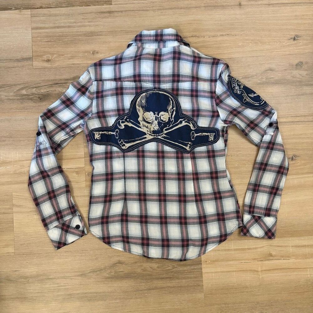 Primevil Women’s Red Black And White Button Up Flannel Embroidered Skull Size XS